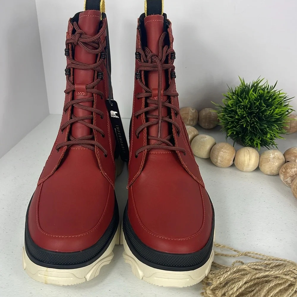 Sorel Boots Womens Brex Lace-Up Red Black Waterproof Bootie Modern Chunky Heel - Picture 3 of 11